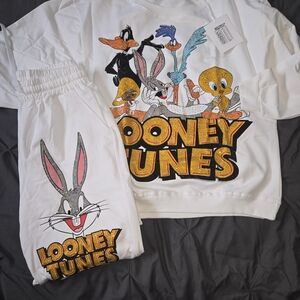 Looney Tunes Women's White Sweatshirt and Pants Set With Rhinestones